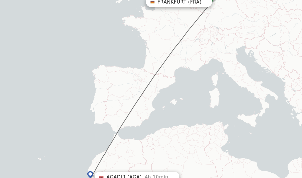 Flights from Frankfurt to Agadir route map
