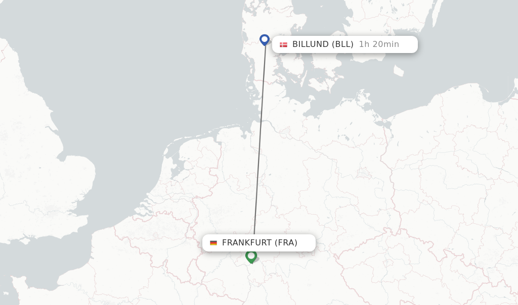 Flights from Frankfurt to Billund route map