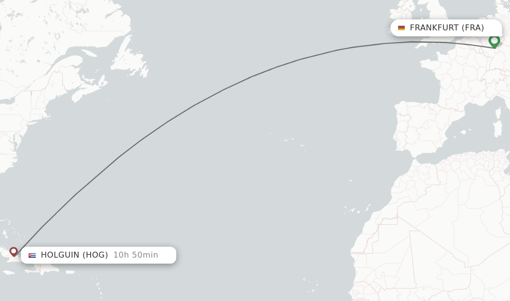 Flights from Frankfurt to Holguin route map