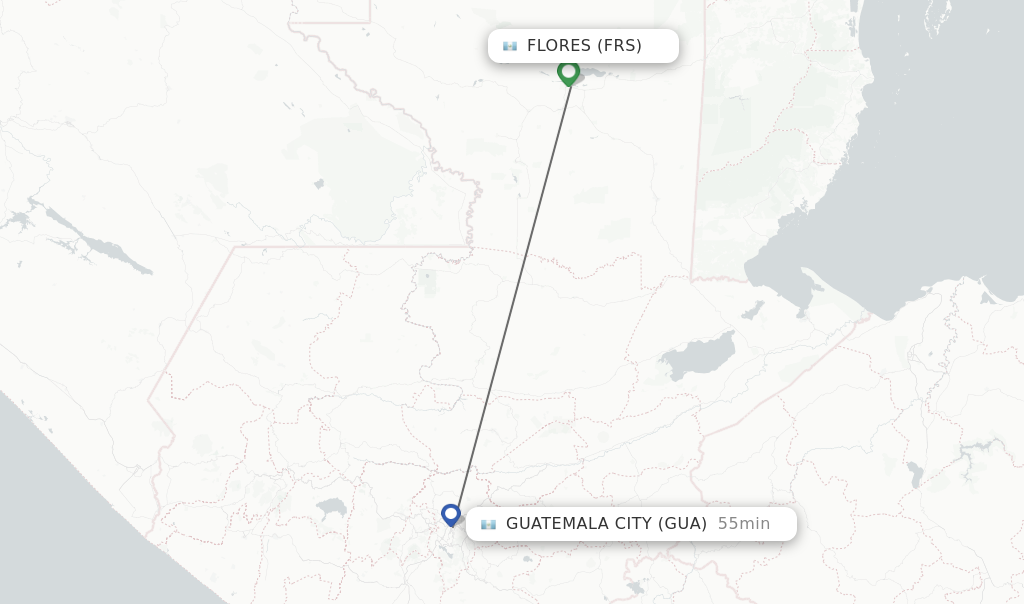 Flights from Flores to Guatemala City route map