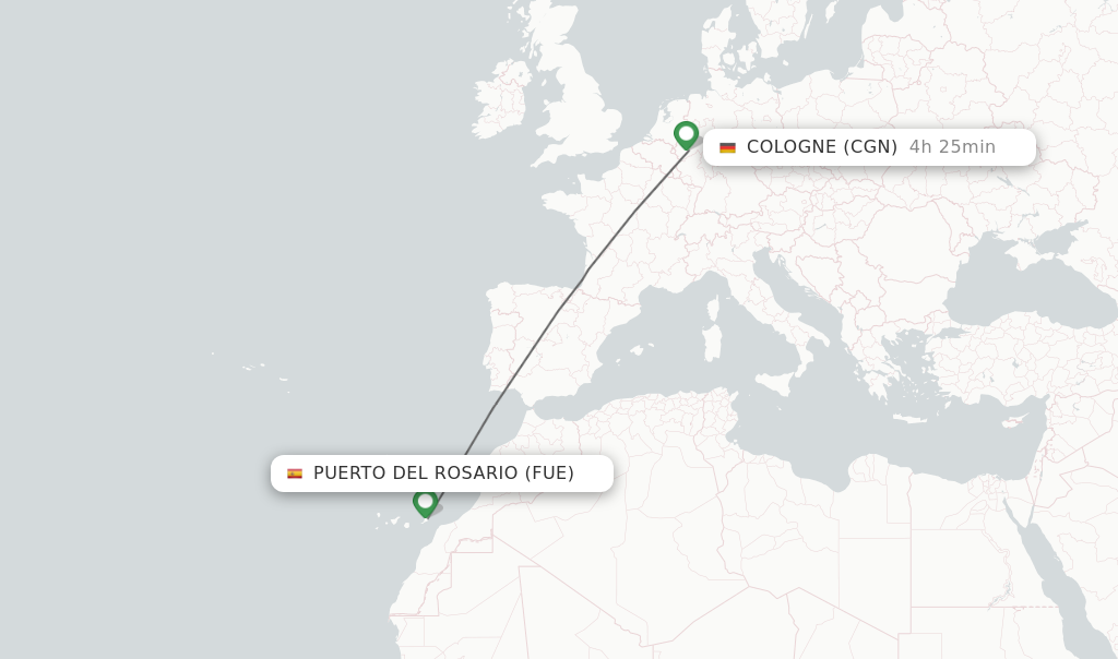 Flights from Puerto del Rosario to Cologne route map