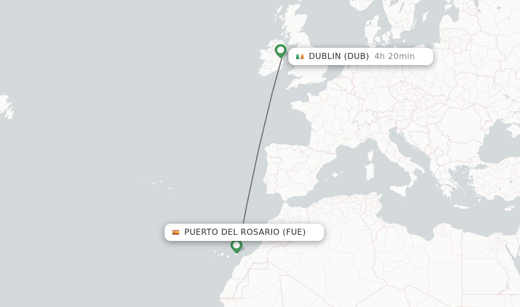 Flights from Puerto del Rosario to Dublin route map