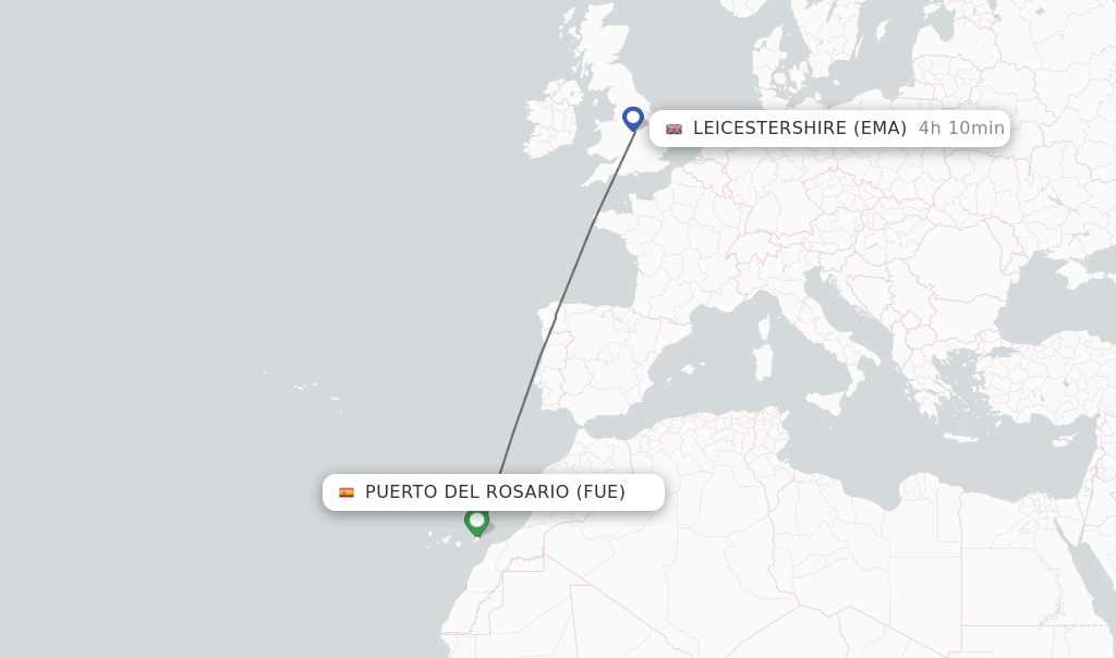 Flights from Puerto del Rosario to Leicestershire route map