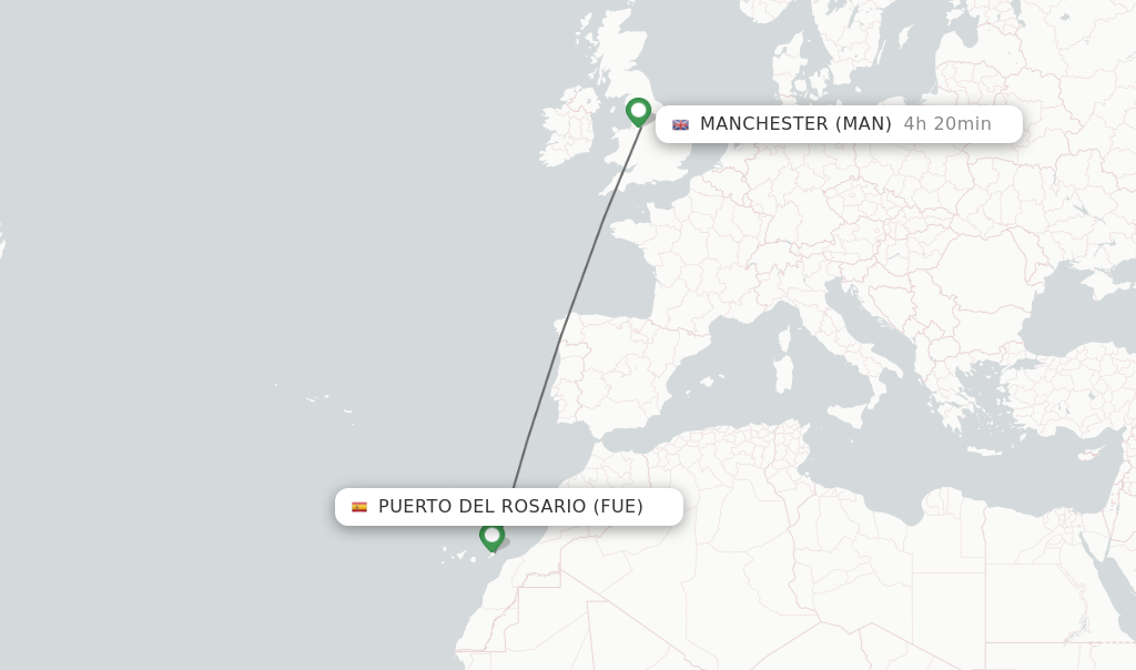 Flights from Puerto del Rosario to Manchester route map