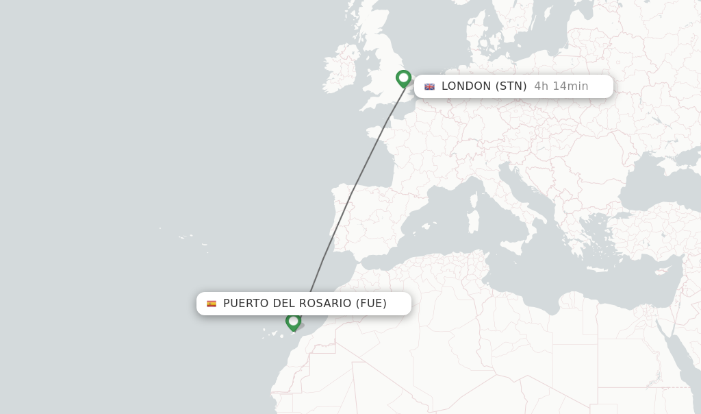 Flights from Puerto del Rosario to London route map