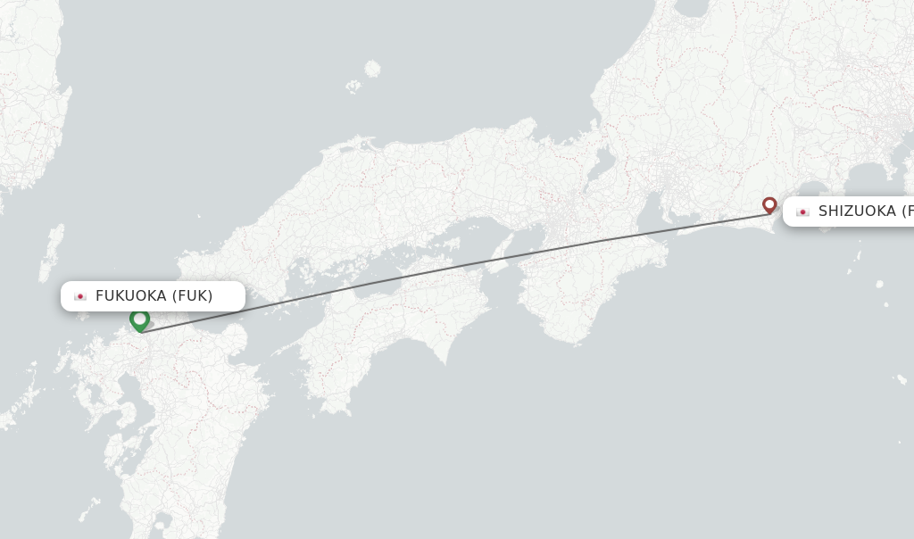Flights from Fukuoka to Shizuoka route map