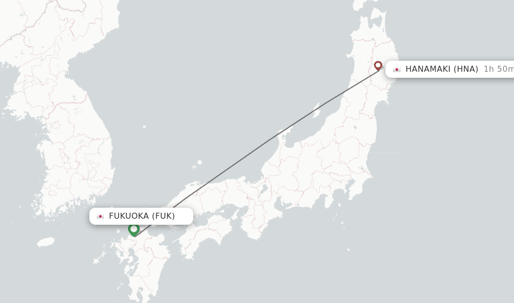 Flights from Fukuoka to Hanamaki route map