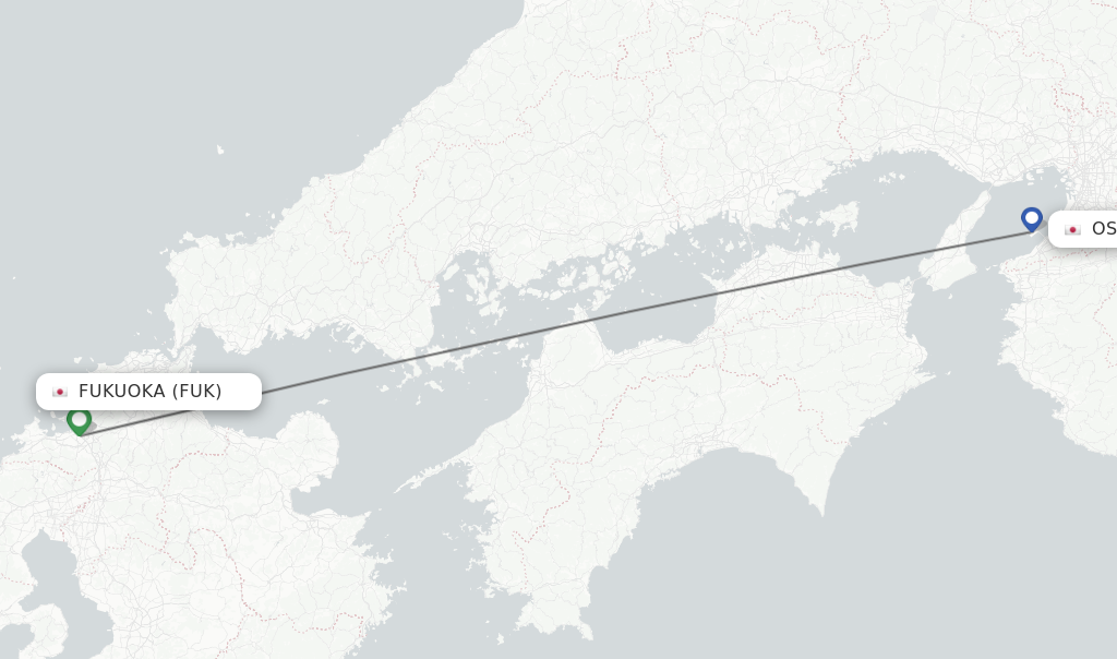 Flights from Fukuoka to Osaka route map