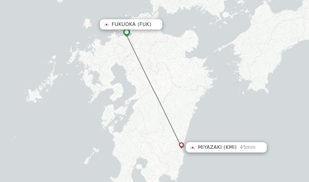 Flights from Fukuoka to Miyazaki route map