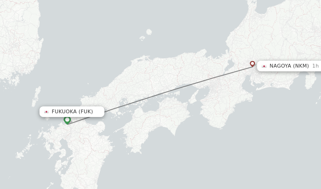 Flights from Fukuoka to Nagoya route map