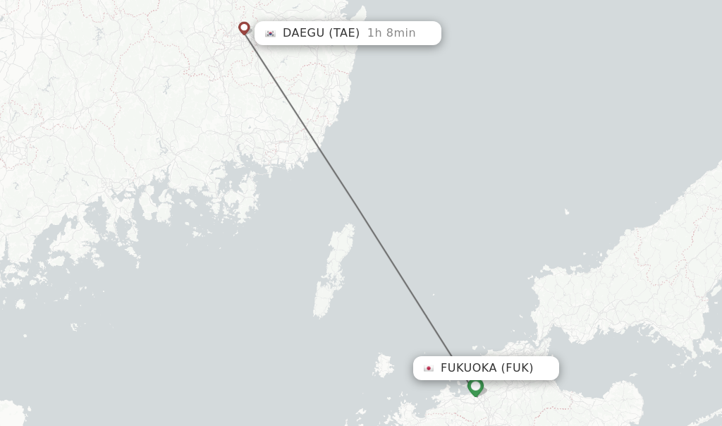 Flights from Fukuoka to Daegu route map