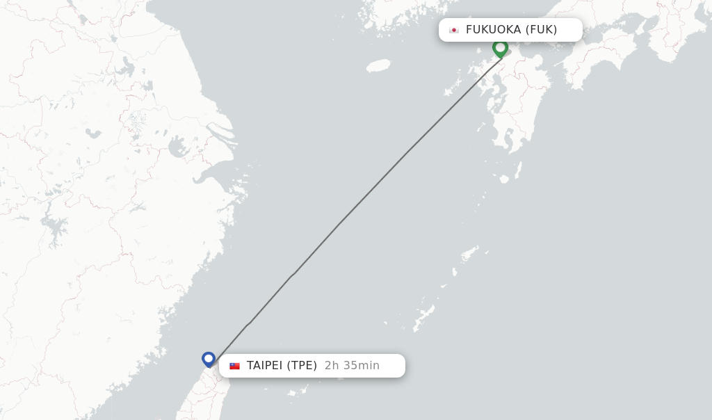 Flights from Fukuoka to Taipei route map