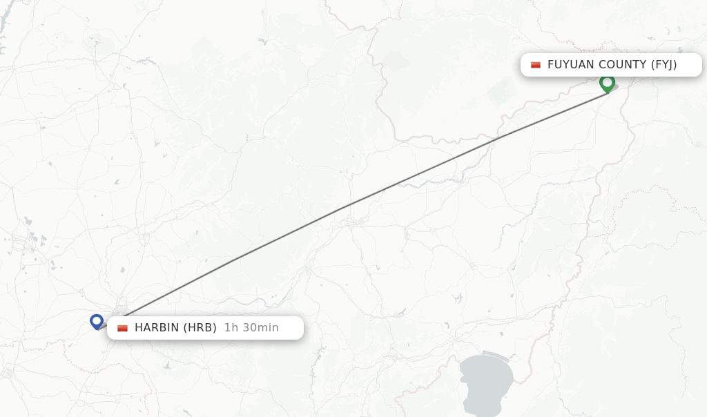 Flights from Fuyuan County to Harbin route map
