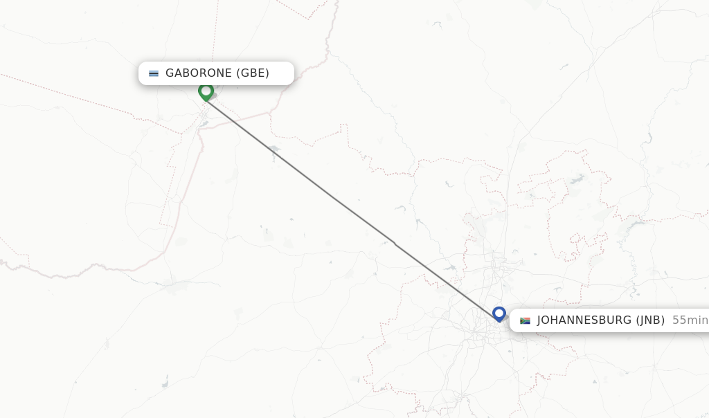 Flights from Gaborone to Johannesburg route map