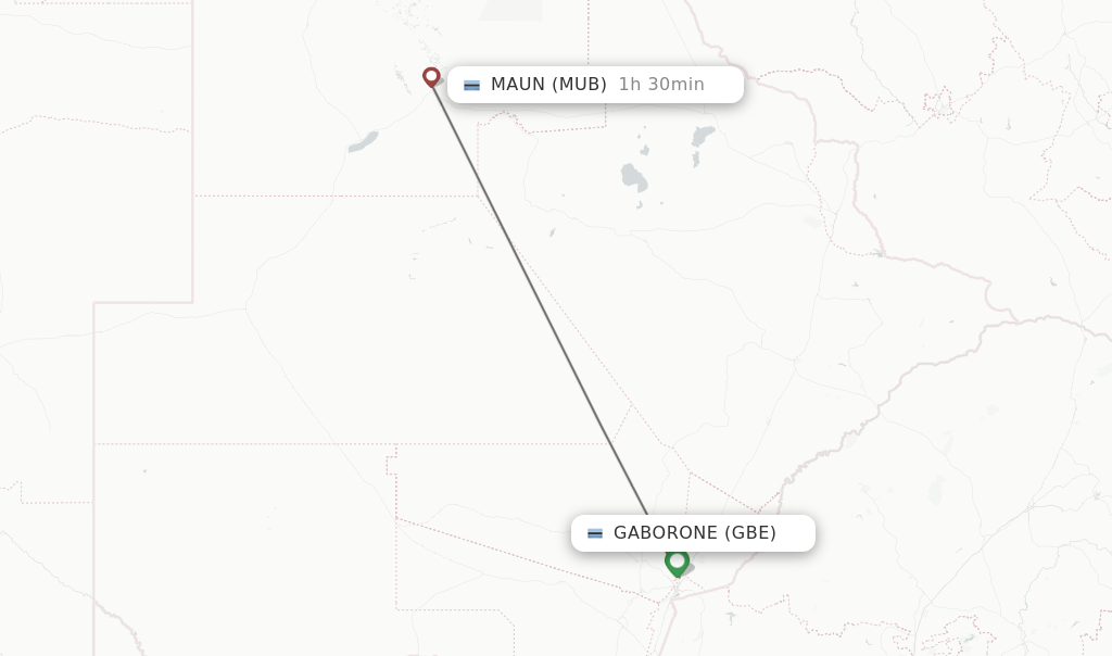 Flights from Gaborone to Maun route map