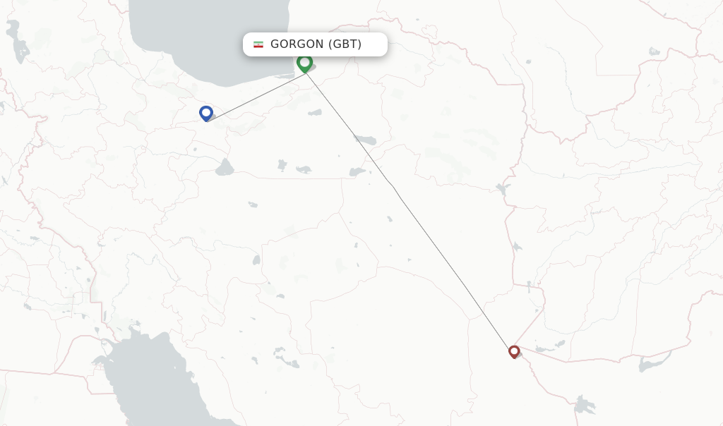 Flights from Gorgon to Mashad route map