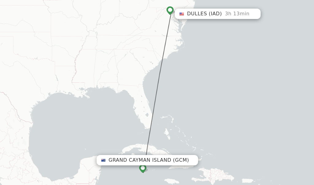 Flights from Grand Cayman Island to Dulles route map