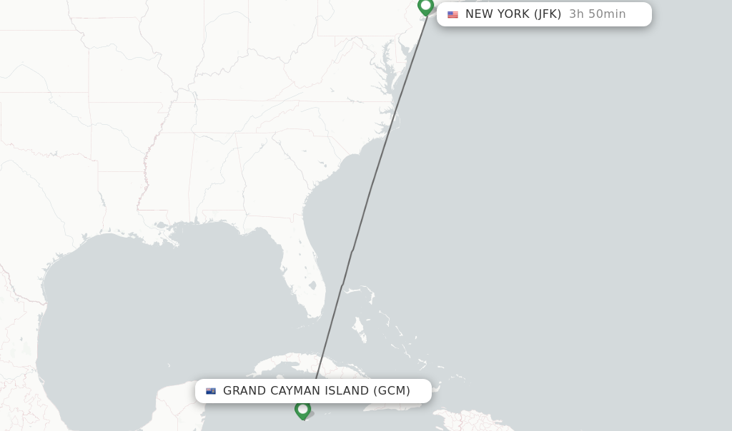 Flights from Grand Cayman Island to New York route map