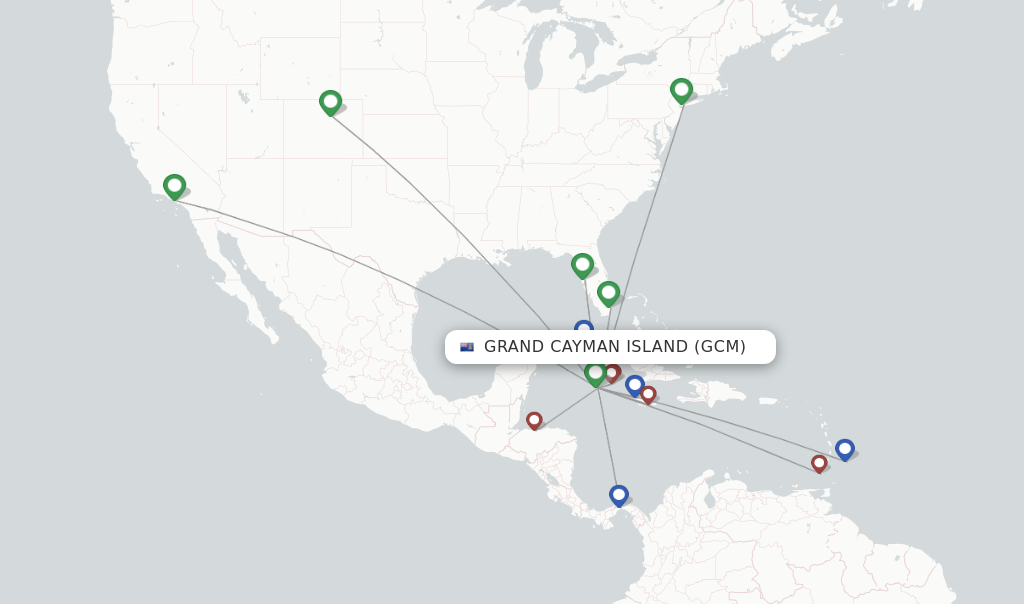 Route map with flights from Grand Cayman Island with Cayman Airways
