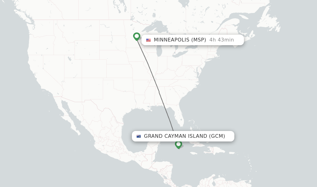 Flights from Grand Cayman Island to Minneapolis route map