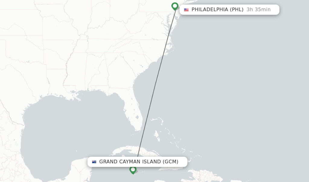 Flights from Grand Cayman Island to Philadelphia route map