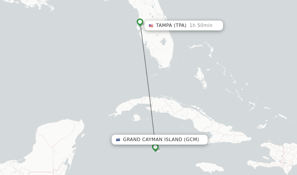 Flights from Grand Cayman Island to Tampa route map