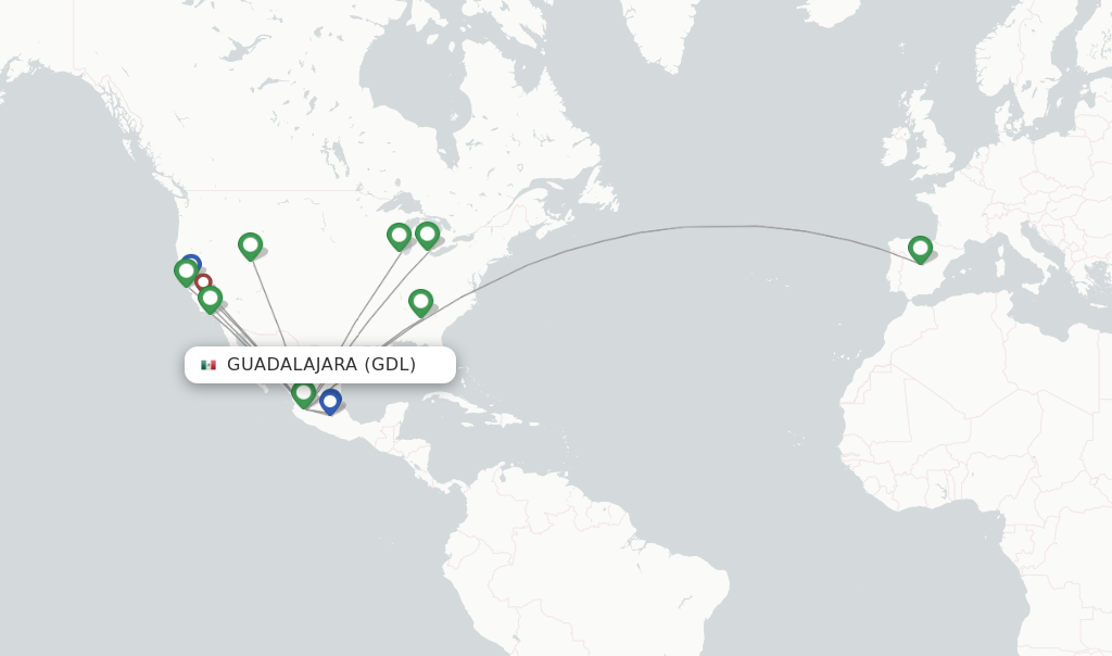 Route map with flights from Guadalajara with Aeromexico