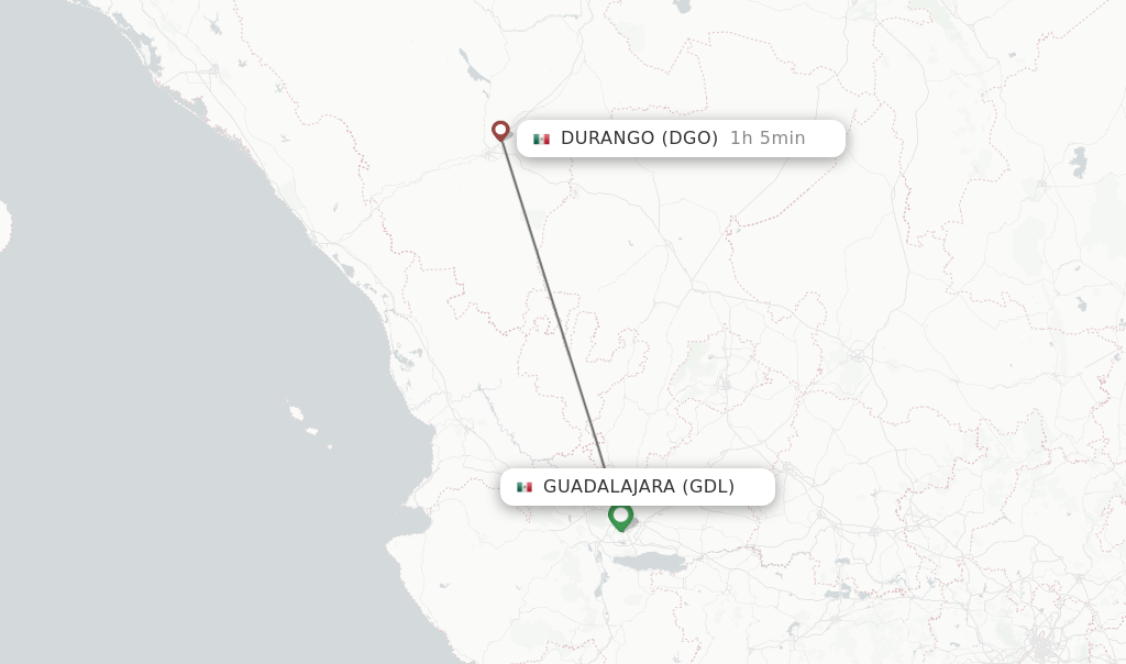 Flights from Guadalajara to Durango route map