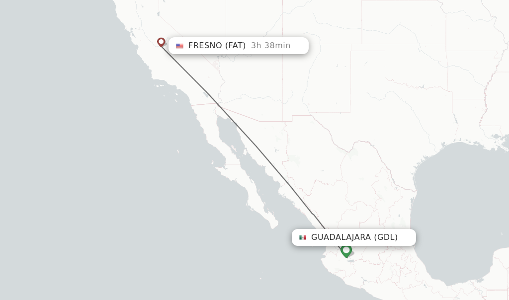 Flights from Guadalajara to Fresno route map