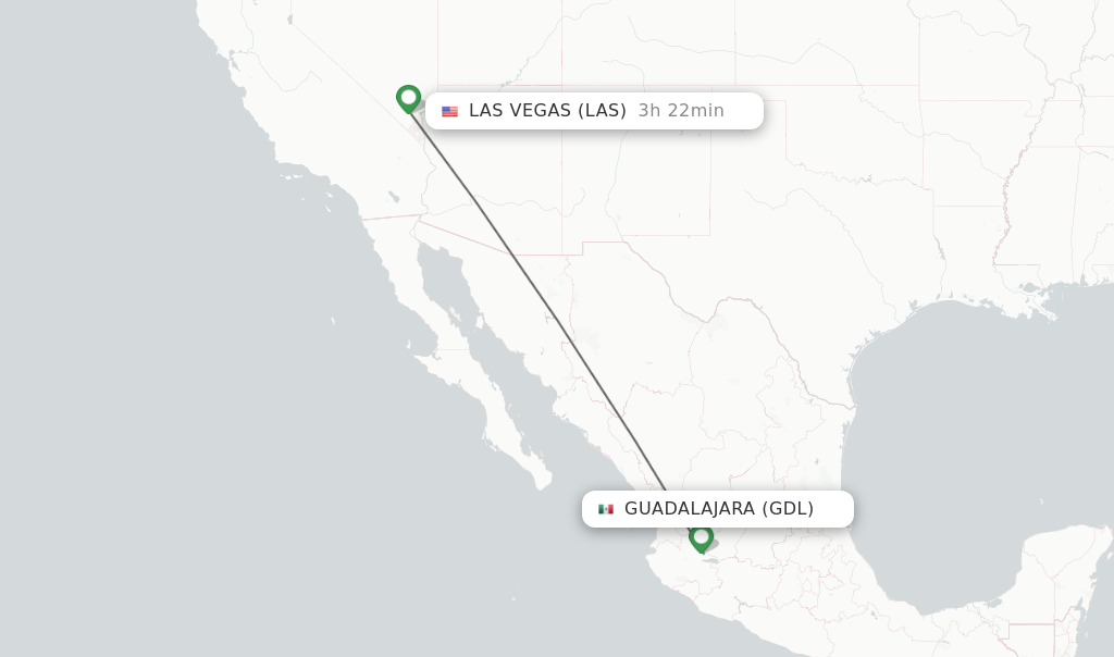 Flights from Guadalajara to Las Vegas route map