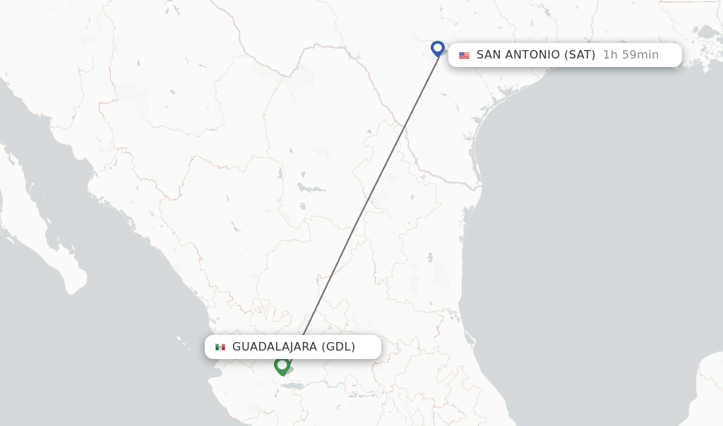 Flights from Guadalajara to San Antonio route map