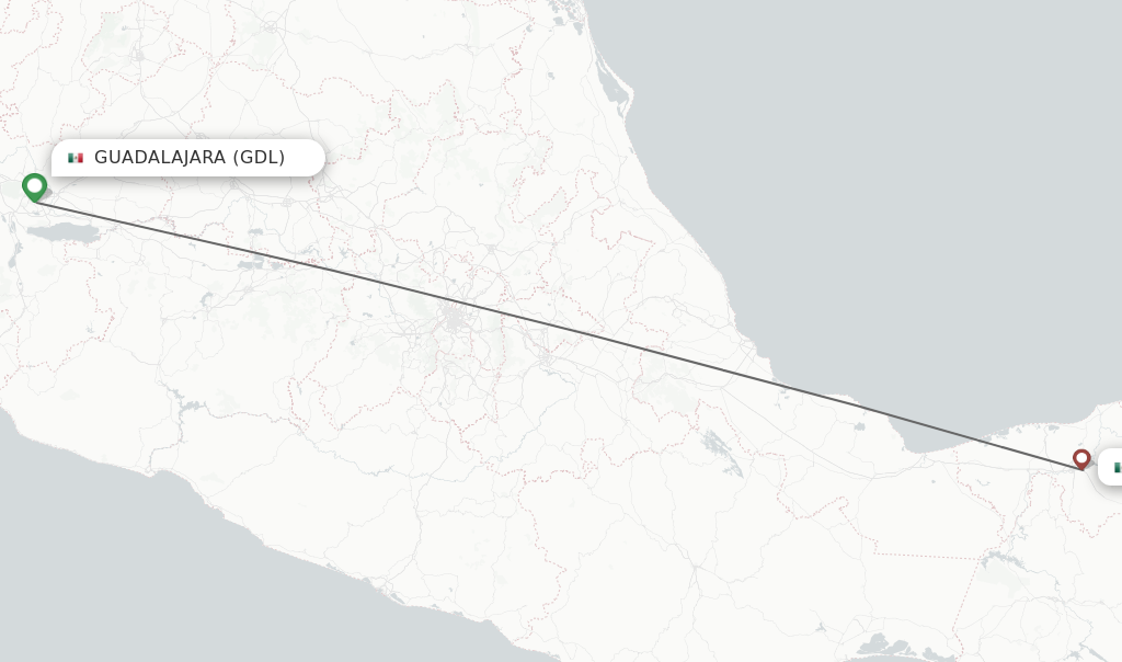 Flights from Guadalajara to Villahermosa route map