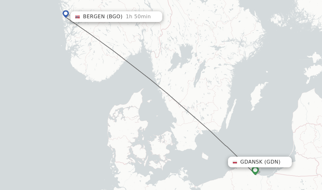Flights from Gdansk to Bergen route map