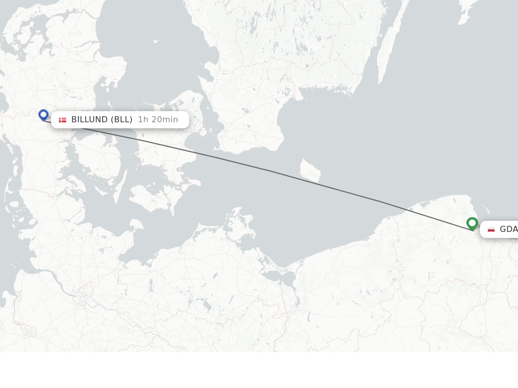 Flights from Gdansk to Billund route map