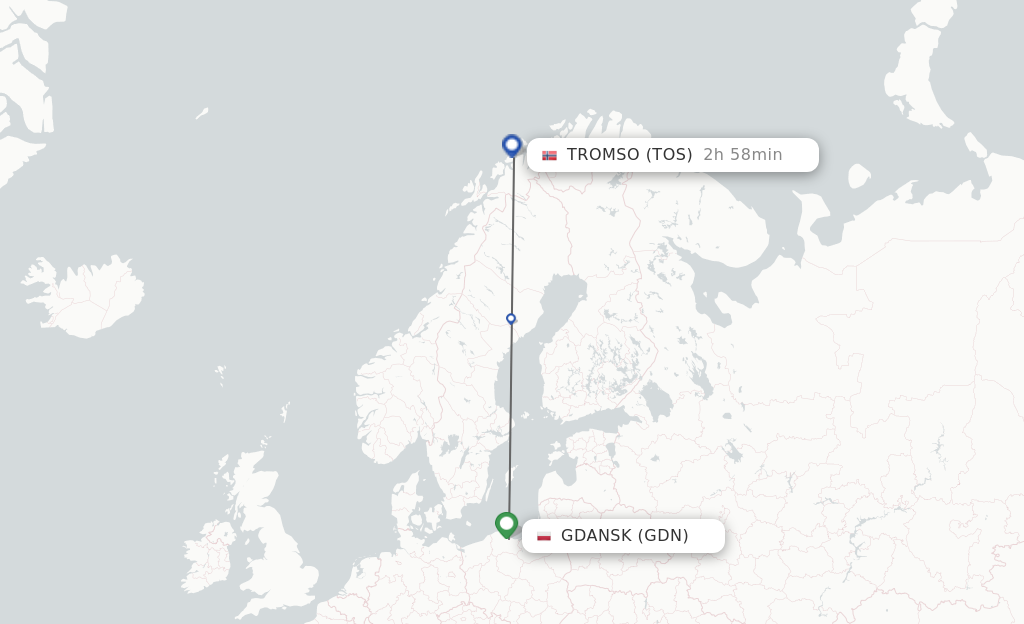 Flights from Gdansk to Tromso route map