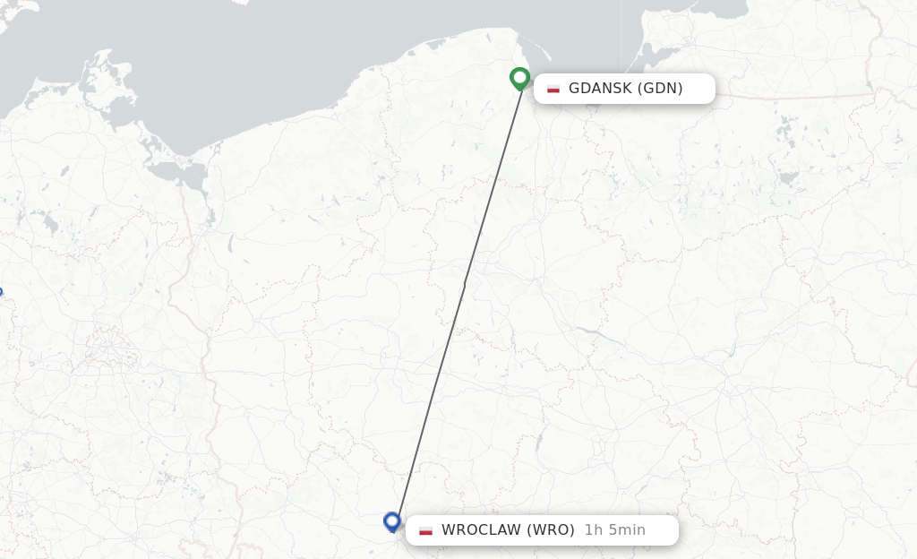 Flights from Gdansk to Wroclaw route map