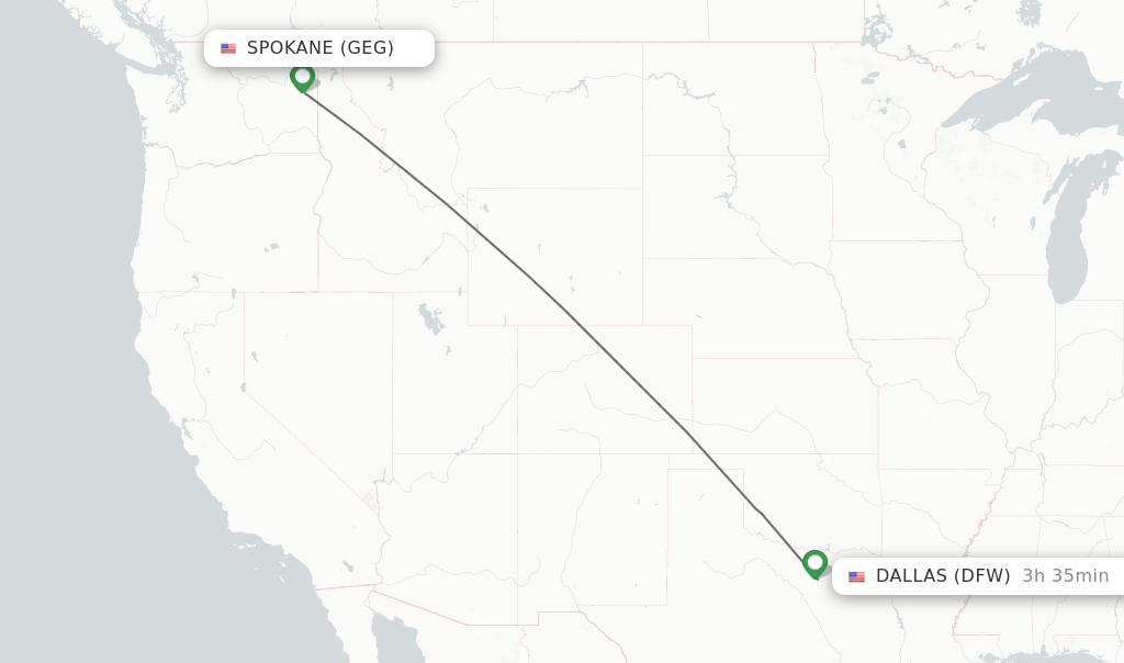 Flights from Spokane to Dallas route map