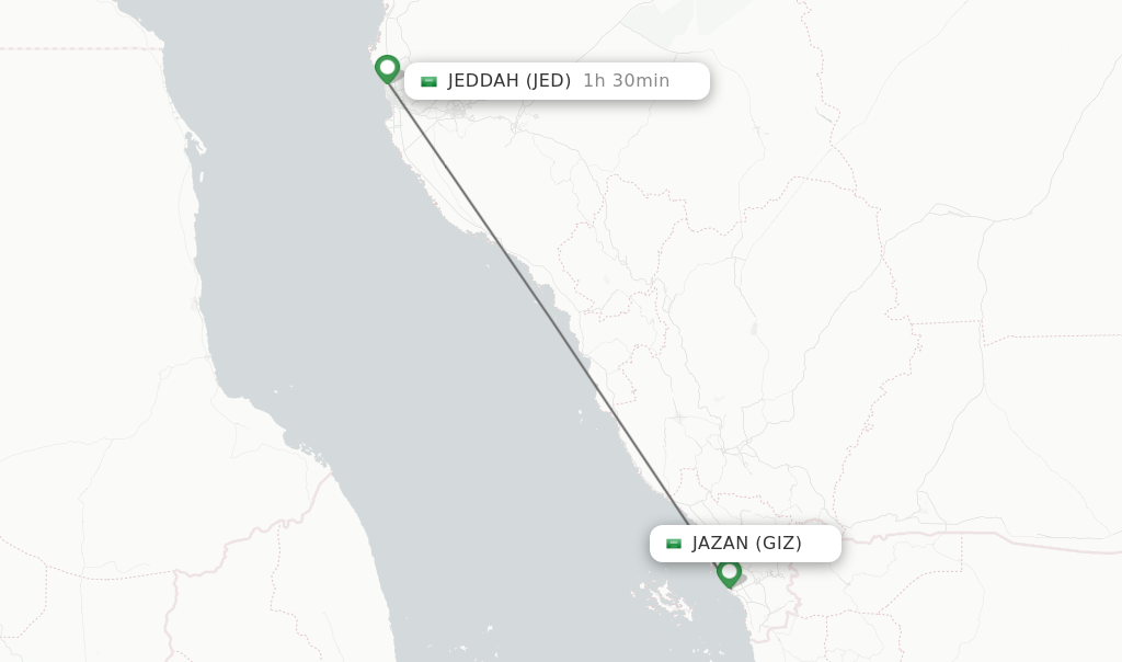 Flights from Jazan to Jeddah route map