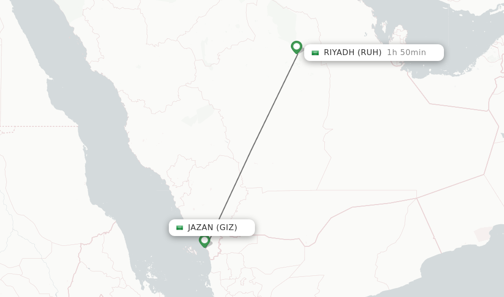 Flights from Jazan to Riyadh route map