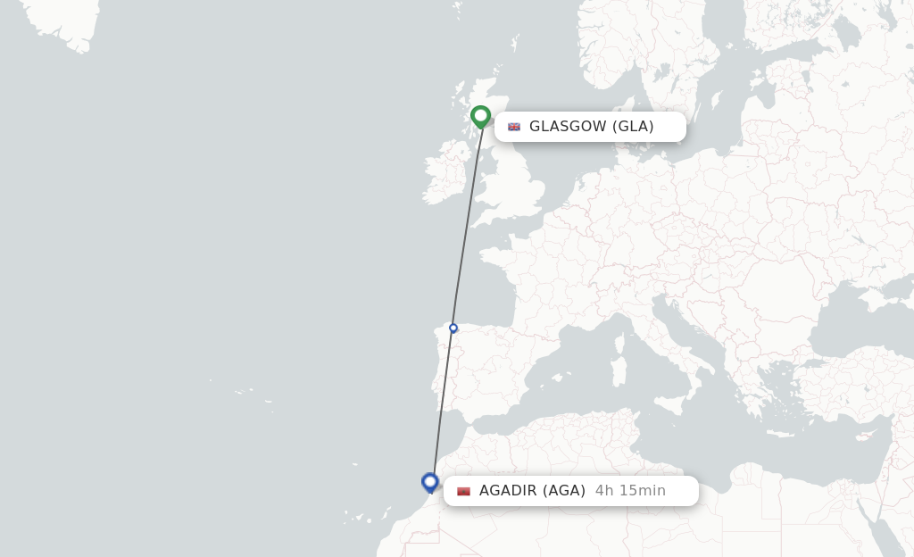 Flights from Glasgow to Agadir route map
