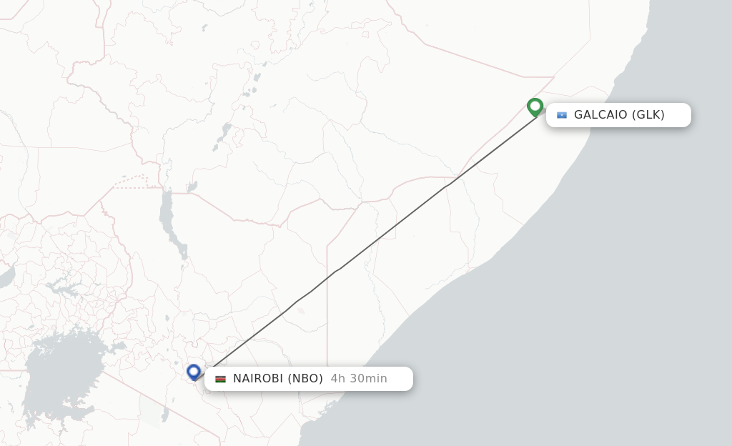 Flights from Galcaio to Nairobi route map