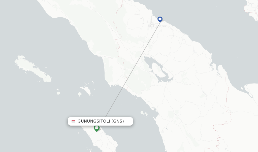 Route map with flights from Gunungsitoli with Wings Air