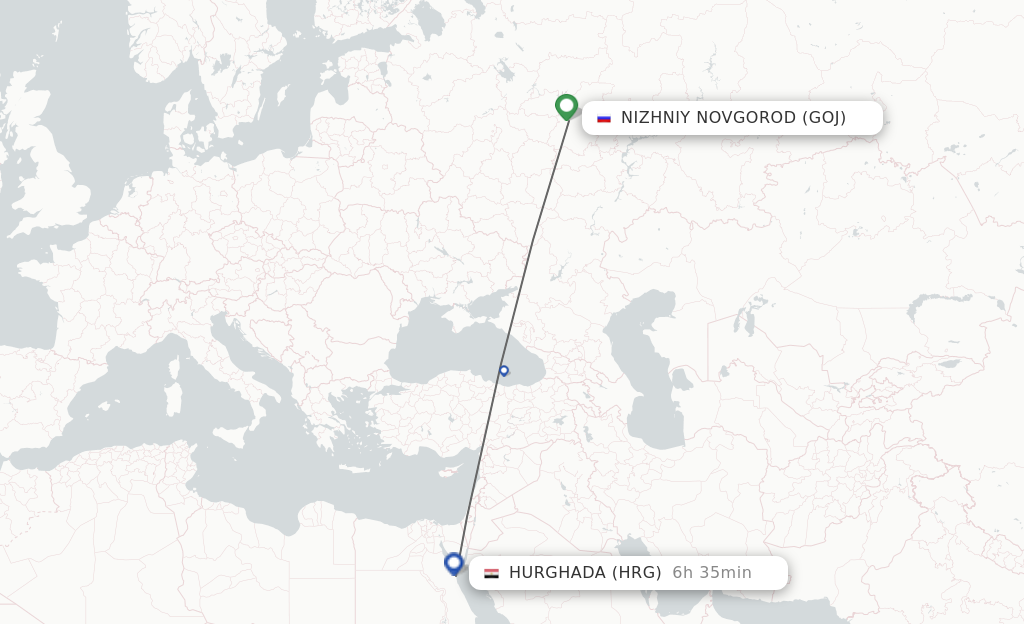 Flights from Nizhniy Novgorod to Hurghada route map