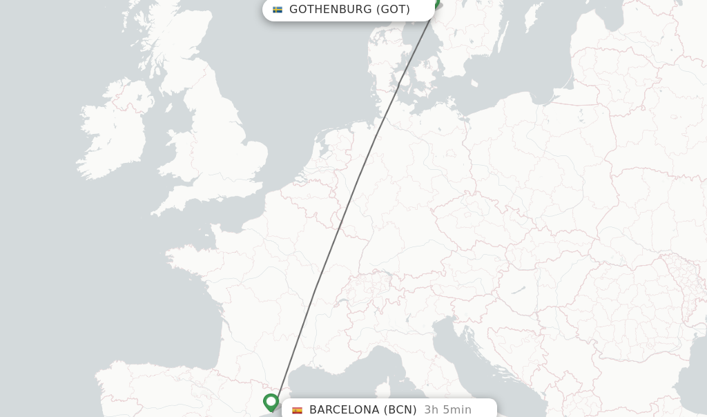Flights from Gothenburg to Barcelona route map