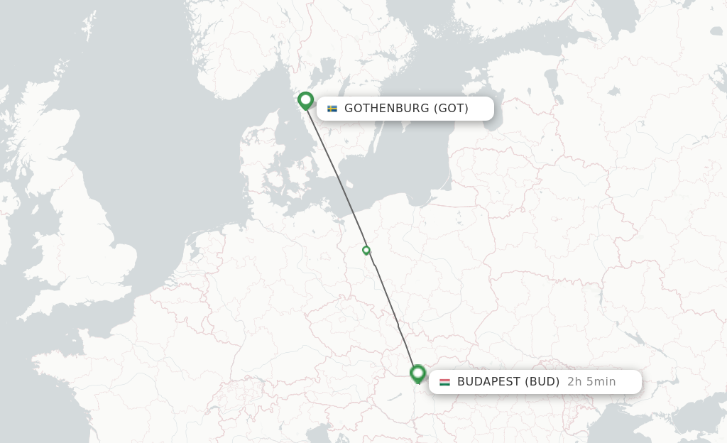 Flights from Gothenburg to Budapest route map