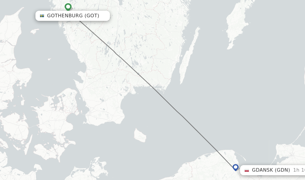 Flights from Gothenburg to Gdansk route map