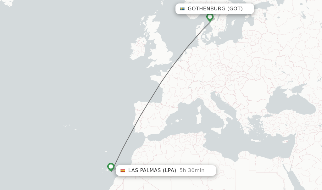 Flights from Gothenburg to Las Palmas route map