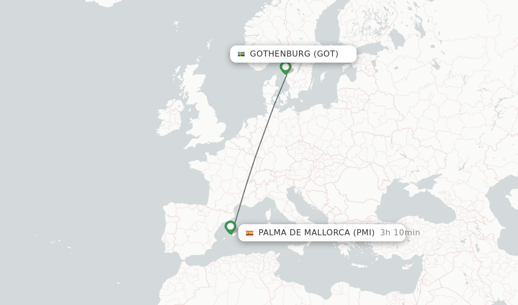 Flights from Gothenburg to Palma de Mallorca route map