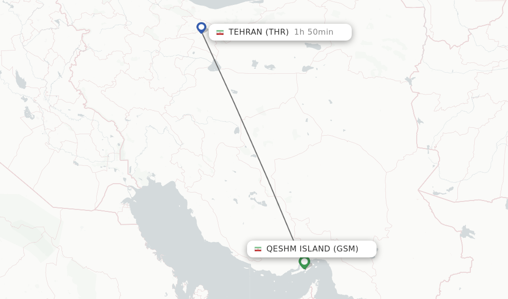 Flights from Qeshm Island to Tehran route map