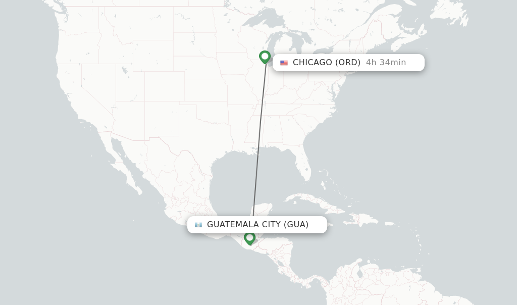 Flights from Guatemala City to Chicago route map